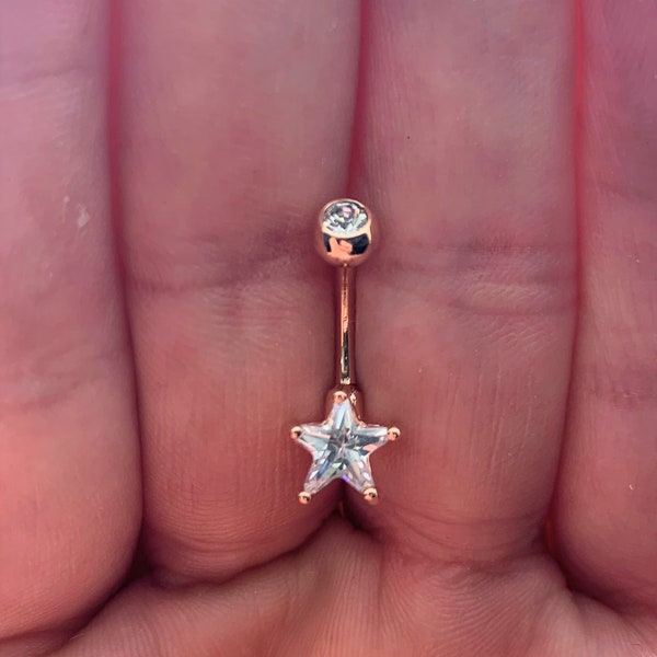 Rose Gold Star ball cz top Belly Ring .. 14g.. 10 mm