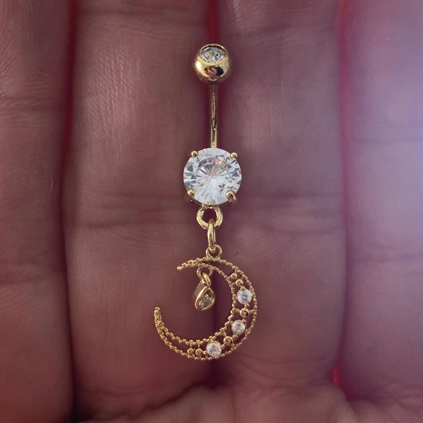 Gold pvd plated Dangly moon cz Belly button ring..14G..10mm