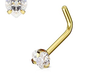 Gold Over Surgical Steel Prung Set Heart cz Nose Ring Stud..20g..3mm cz