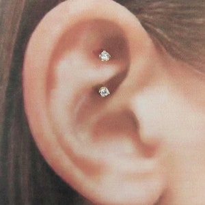 14k White Gold Rook Piercing Double Jeweled Barbell.2.5mm cz's..Internally Threaded..16g..6mm..8mm