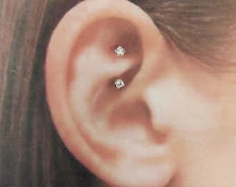 14k White Gold Rook Piercing Double Jeweled Barbell.2.5mm cz's..Internally Threaded..16g..6mm..8mm