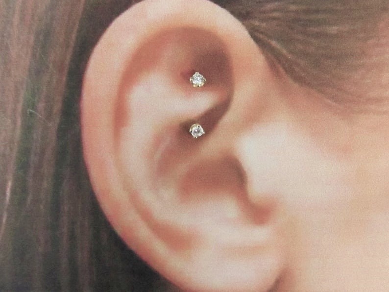 14k oro bianco Rook piercing doppio gioiello Barbell.2.5mm cz... internamente filettato... 16g... 6 mm... 8 mm immagine 1