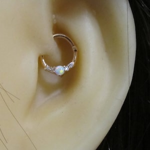 14k Solid Rose Gold Daith,Tragus,Helix,Septum,Cartilage Piercing Clicker Ring With White Opal and cz's..16g ..8mm