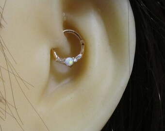 14k Solid Rose Gold Daith,Tragus,Helix,Septum,Cartilage Piercing Clicker Ring With White Opal and cz's..16g ..8mm