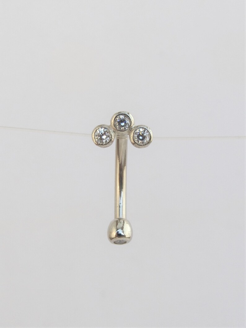 14k Solid White Gold Rook,Eyebrow Pircing 3 Bezel Stone Curved Barbell..16g..8mm