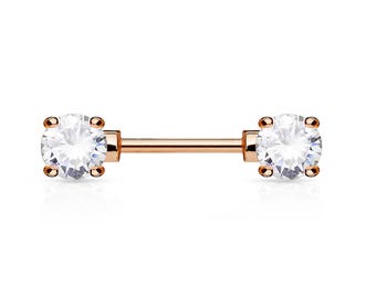 Rose Gold Nipple Prung Set barbell..14g..12mm..OR..14mm...5mm Cz(Single one)
