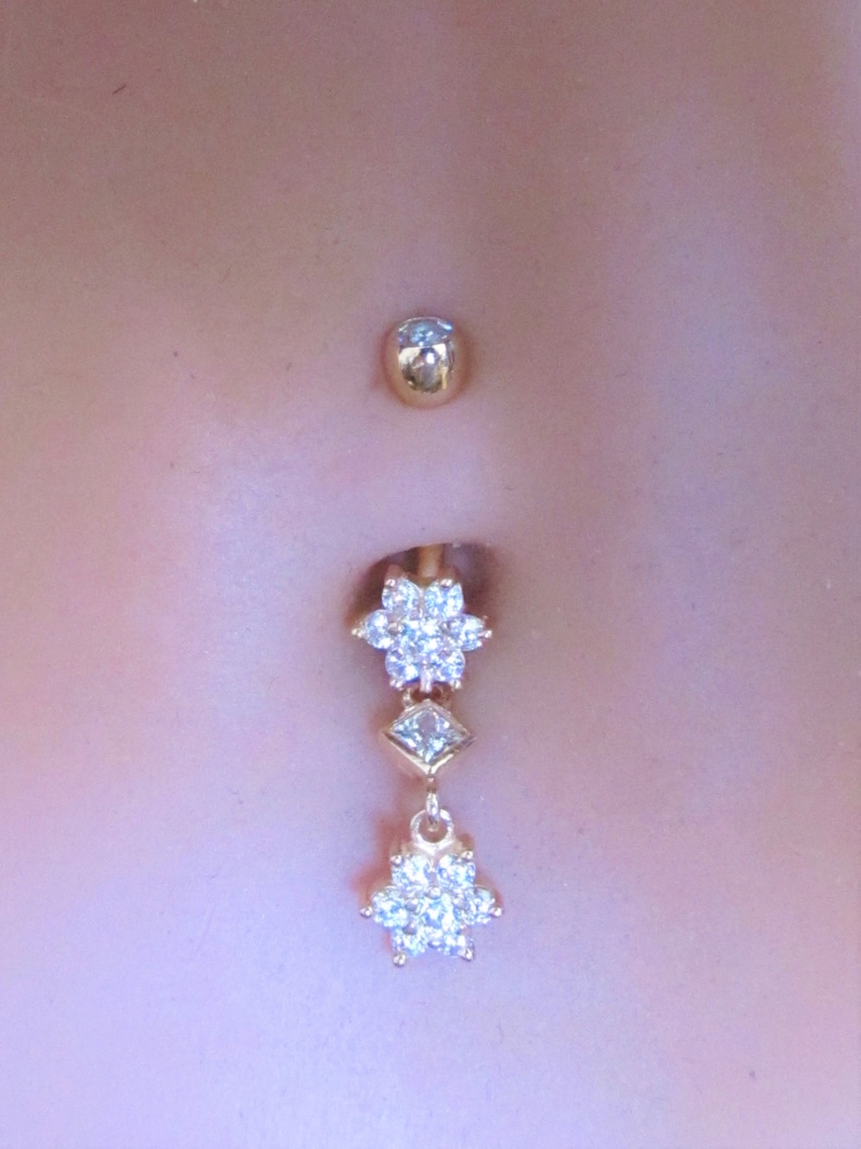 14k Solid Rose Gold Dangly Flower Navel Belly Ring14g10mm Etsy 