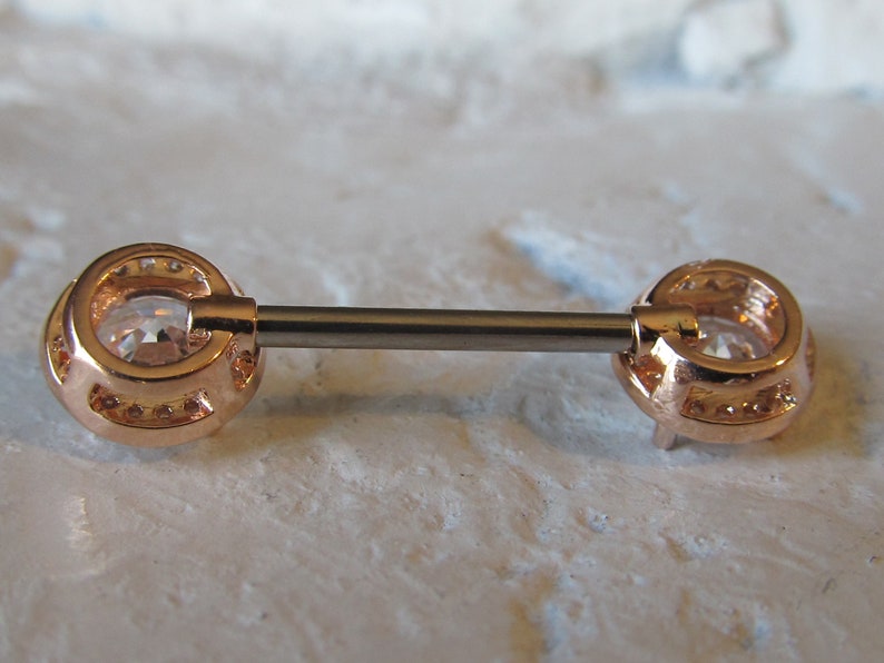 Rose Gold Nipple Piercing Multistone Surgical Steel Barbell..14g..14mmsingle one image 4