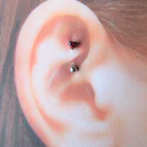 May include: Close-up of a person's ear with two piercings. The top piercing has a small red heart-shaped gem, and the bottom piercing has a small silver ball.