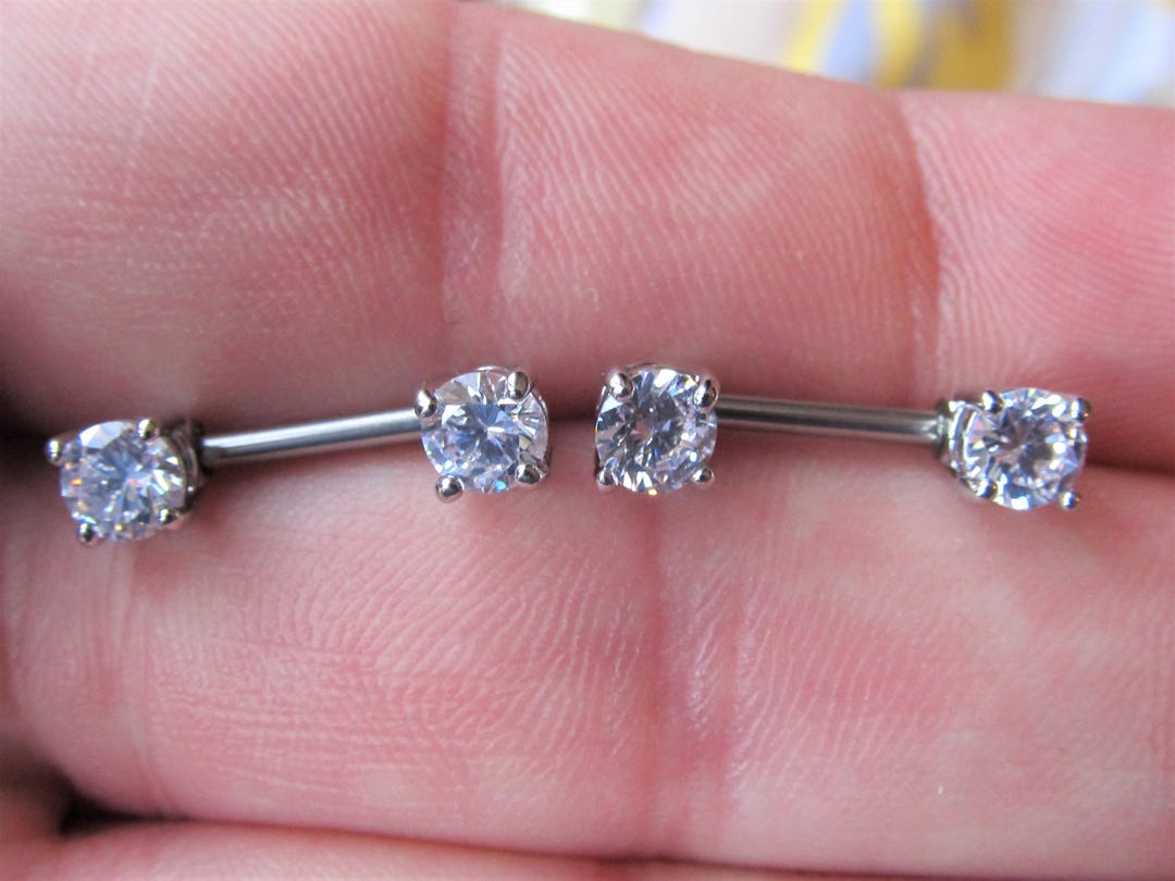 Prung Set Nipple Piercing Barbell Set of 2..14g..12mm..5mm Cz's Etsy