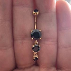 Golden dangly triple black cz Belly ring..14G..10mm