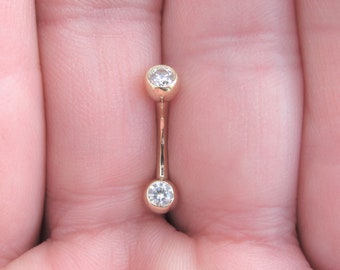 14k Solid Gold Double Jeweled Navel Belly button Ring,vch..Internally Threaded..14g..8mm or 10mm..4mm balls
