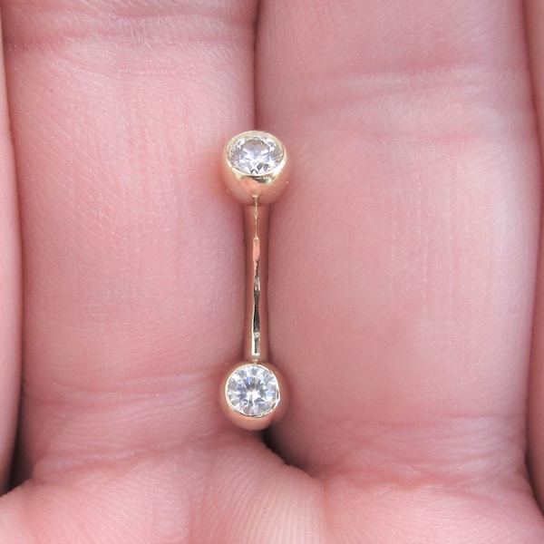 14k Solid Gold Double Jeweled Navel Belly button Ring,vch..Internally Threaded..14g..8mm or 10mm..4mm balls