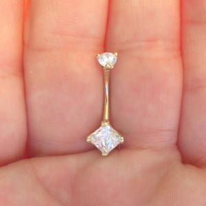 14k Solid Gold Prung Set,Square Cz,Internally Threaded Navel Belly button Ring..14g