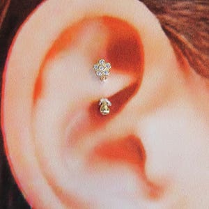 Perforación Rook, Daith, barra curva para cartílago, oro macizo de 14 k, 16 g, con circonitas cúbicas, 8 mm