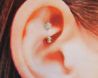 14k solid Gold Flower,16g, Rook Piercing,Daith,Cartilage Curved Barbell with cz's..8mm