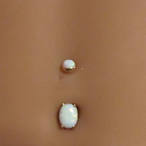 14k Solid Gold,White Oval and Round Opals,Internally threaded Navel Belly Ring..14g