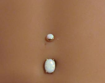 14k Solid Gold,White Oval and Round Opals,Internally threaded Navel Belly Ring..14g