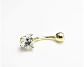 14kt solid gold heart Navel  Belly Button ring 14g (belly ring)white cz..14g..10mm