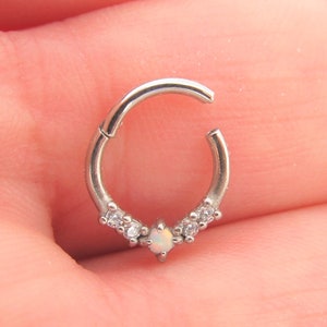 Septum,Daith Surgical Steel Clicker with clear cz's ,opal center..16g..8mm