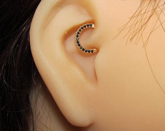 14kt Solid Gold Daith Piercing Ring,clicker With Black Cz's 16g