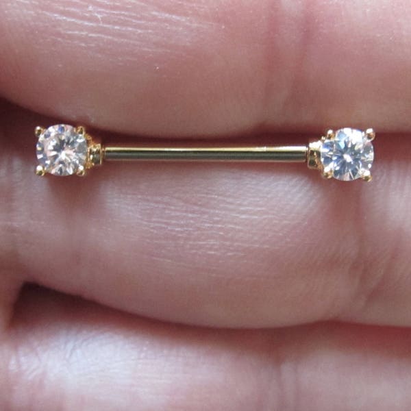 Golden Nipple Barbell..4mm Cz's..14g..12mm..14..or..16mm..Surgical Steel(Single one)