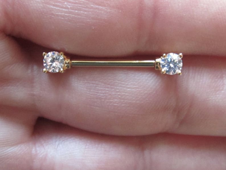 Golden Nipple Barbell..4mm Cz's..14g..12mm..14..or..16mm..Surgical SteelSingle one image 1