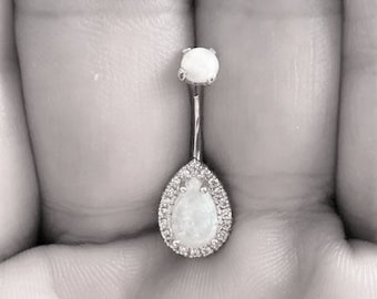 14k White Gold Diamonds  Opal Tear drop Belly button ring..14g..10mm..internally threaded