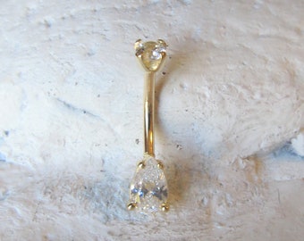 14k Solid Gold Navel,Belly Ring with tear drop, round cz top,internally threaded...14g..10mm