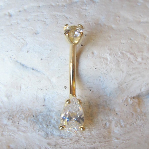 14k Solid Gold Navel,Belly Ring with tear drop, round cz top,internally threaded...14g..10mm