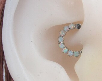 14k Solid White Gold Daith Piercing White Opal Clicker Ring..16g..8mm