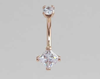 14kt Solid Rose gold Square Cz Belly button Ring..Internally Threaded..14g..10mm