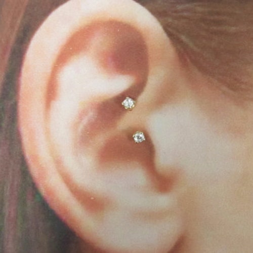 14k White Gold Daith Piercing Double Jeweled Etsy