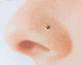 14kt Solid gold Tiny Bezel Set Nose Ring Stud.20g