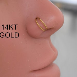 14k Solid Gold double line Bendable hoop ring stud..20g..8mm