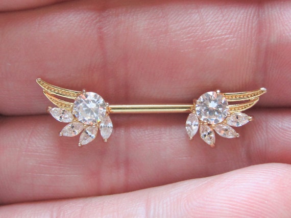 Gold Nipple Angel Wings Surgical Steel one)