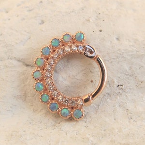 14k Solid Rose Gold Daith Piercing Blue Opal cz's Clicker Ring..16g..8mm