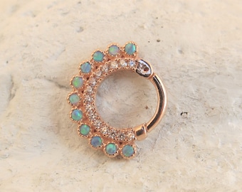 14k Solid Rose Gold Daith Piercing Blue Opal cz's Clicker Ring..16g..8mm