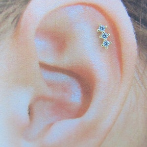 14k Solid Gold Helix.Cartilage Piercing 3 cz Prung Set Labret..16g..6mm
