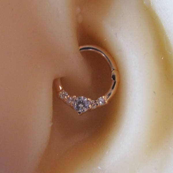 14k Rose Gold Daith,Helix,Tragus,Cartilage Piercing Clicker Ring with cz's 16g..8mm(Solid Gold)