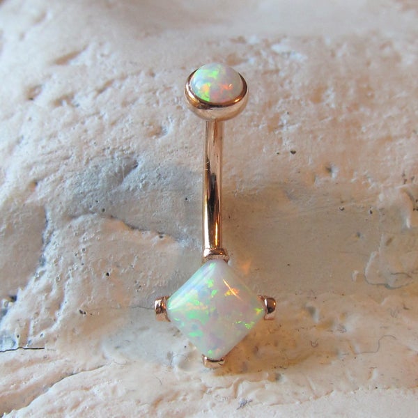 14k Solid Rose Gold,White Opals Beautiful Navel Belly Ring..14g..4mm top rond opal,6mm square opal.High Quality Internally Threaded.