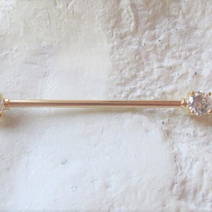 14k Gold Industrial Barbell with 4mm cz's..Solid gold..14g..32mm ,35mm and 38mm