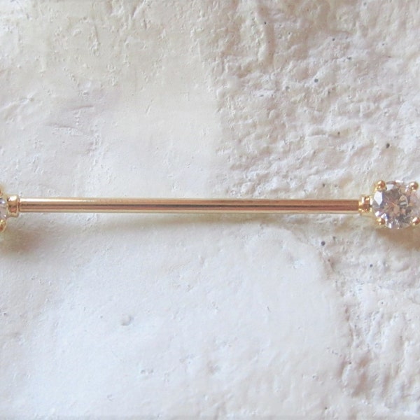 14k Gold Industrial Barbell with 4mm cz's..Solid gold..14g..32mm ,35mm and 38mm