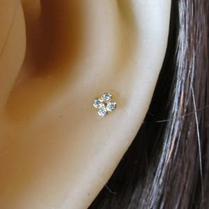 14kt Solid Gold Cartilage,Helix,Tragus,Lobe Piercing Barbel in 6 and 8mm with 4 white cz's 16g
