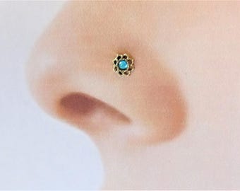 Golden Lotus Turquoise Opal Filigree Flower Nose Ring Stud..20g...Straight or L-shape