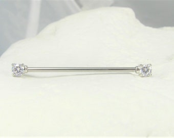 14K White Gold Industrial Barbell..14g..32mm Or 35mm..38mm..with 4mm cz's..Solid Gold