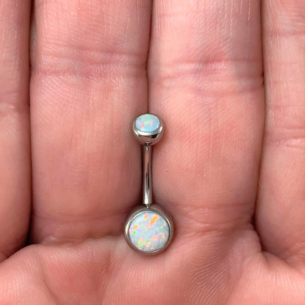Titanium implant grade double White opal Bezel Belly button ring..14g..11mm