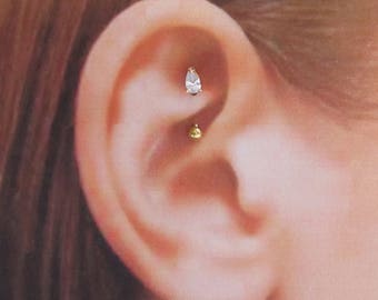 Golden Tear Drop Rook Piercing Curved Barbell..Prung set 16g..8mm..3mm ball(E01G)