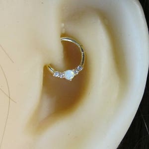 14k Solid Gold Daith,Helix,Septum,Tragus,Cartilage, Clicker Ring With White Opal and cz's 16g