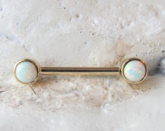 14k Solid Gold Nipple Piercing White Opals,Bezel Setting Internal Push and Lock system Barbell..14g..14mm(Single)..Beautiful One of a kind